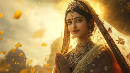 Regal Indian woman in traditional attire with golden glow.