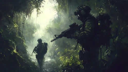 Armed soldiers advancing through dense misted jungle terrain.