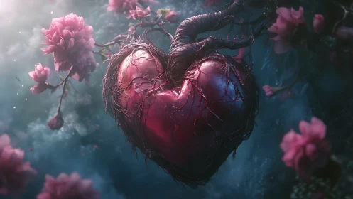 Mystical Anatomical Heart Surrounded by Pink Peonies.