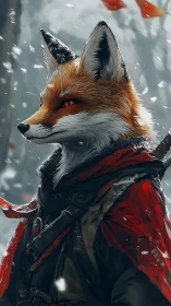 Anthropomorphic fox warrior stands in snowy forest environment