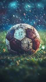 Weathered football under cinematic rain illumination.