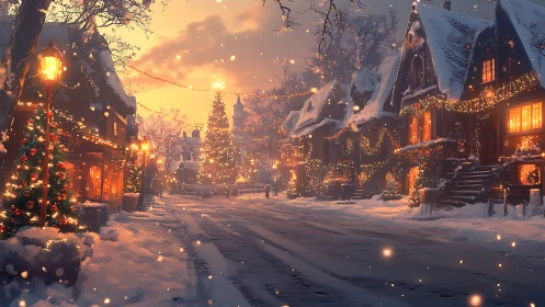 Snow-covered village street glows with warm festive illumination