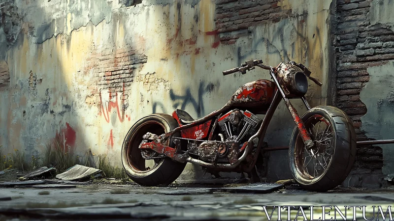 Rusty custom motorcycle in decayed urban alley scene.