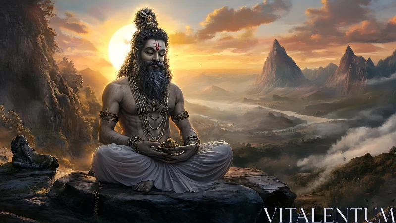 Meditating ascetic seated on rock before mountain sunrise.