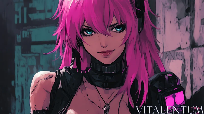 Cyberpunk girl with neon pink hair stares down viewer
