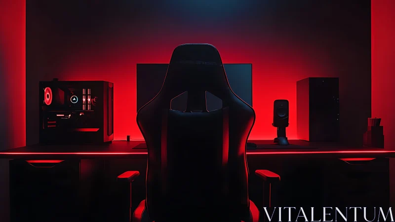 Modern gaming desk setup with red RGB lighting at night.
