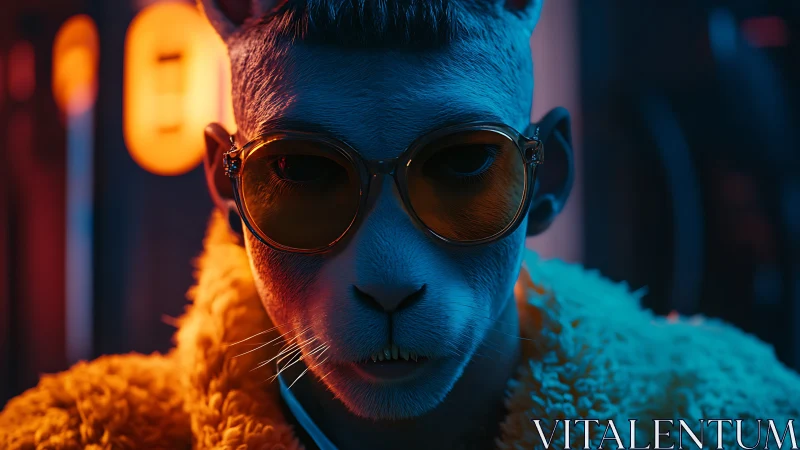 Anthropomorphic feline portrait under neon rim lighting renders