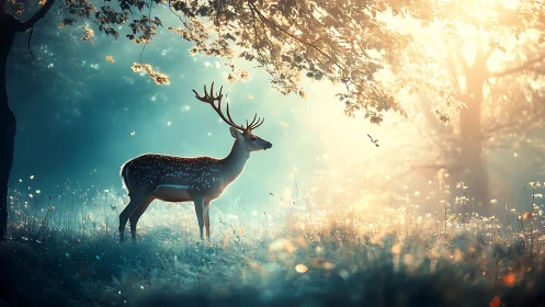 Backlit stag in volumetric dawn forest atmosphere study.
