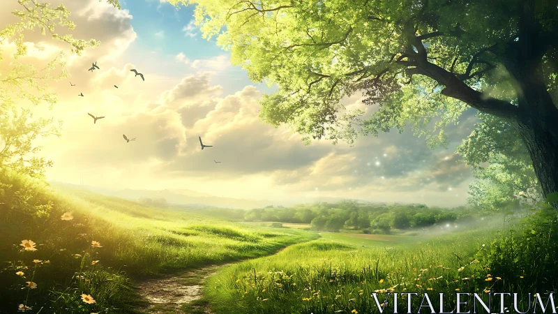 Sunlit meadow path curls into a softly glowing dream horizon