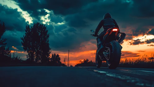 Sportbike rider silhouettes against vivid sunset horizon.