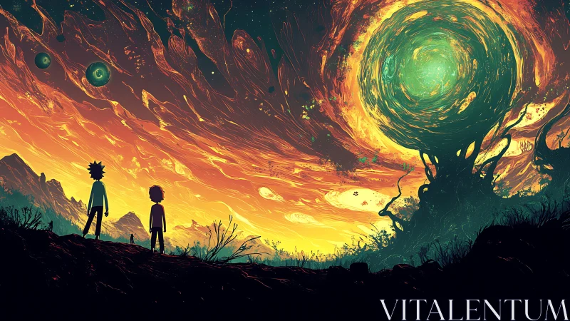 Cosmic portal sky above silhouetted wanderers at dusk.