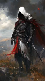 Hooded rogue in red cloak dominates storm-lit battlefield vista