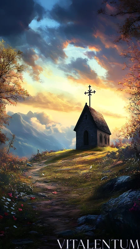Hilltop chapel under glowing sunset sky in mountains.