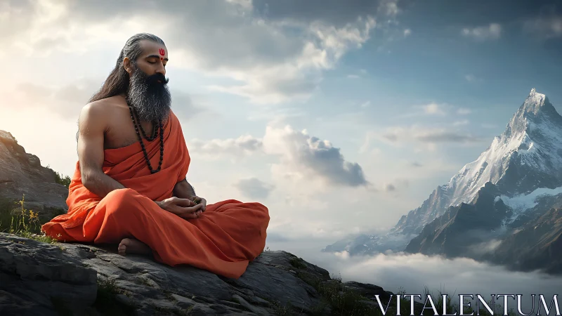 Mountain yogi meditates in serene high-altitude sunrise calm