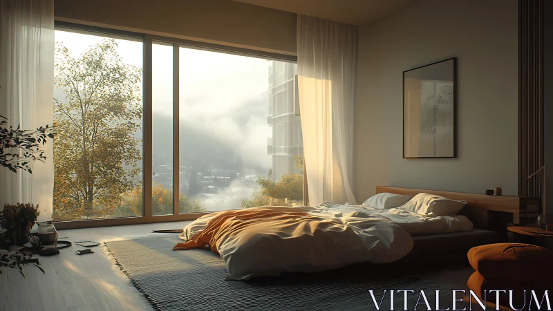 Modern bedroom with sunrise view through large windows.