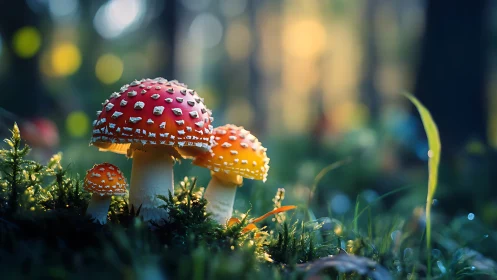 Fly agaric mushrooms glow under soft forest bokeh light.