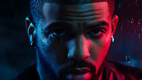 Moody wet portrait under blue red split lighting in rain.