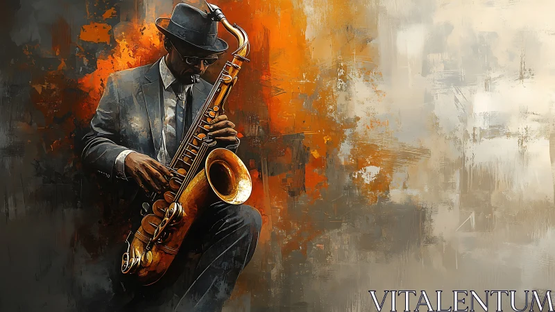 Jazz saxophonist in suit plays amid fiery abstract backdrop.