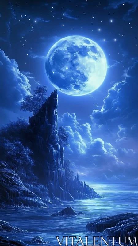 Luminous full moon over crystalline coastal cliff at night.