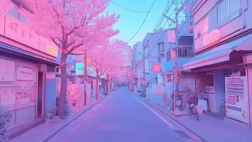 Dreamy pastel city street glowing with soft cherry pink light.
