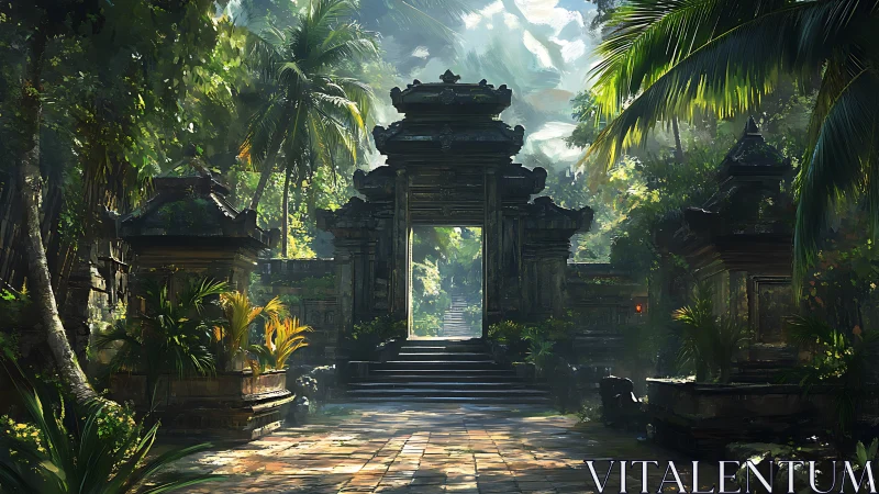 Sunlit stone temple gate emerges from dense tropical jungle