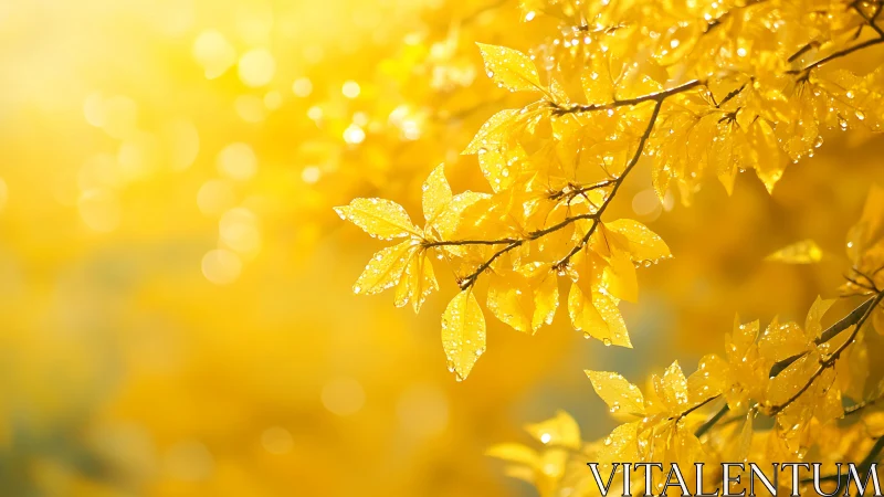 Golden autumn leaves glow gently in warm morning sunlight