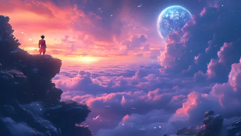 Solitary anime figure on cliff above nebula cloudscape at dusk