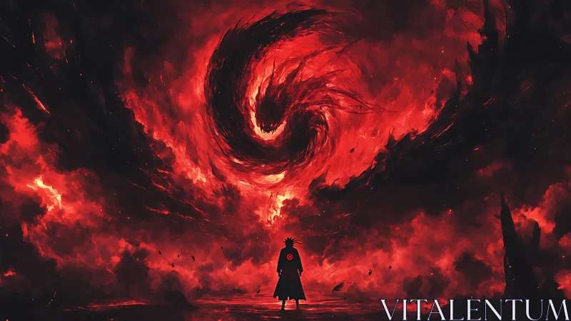 Lone warrior faces colossal crimson vortex in burning sky