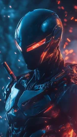 Cybernetic combat exosuit with emissive optics in ember field.