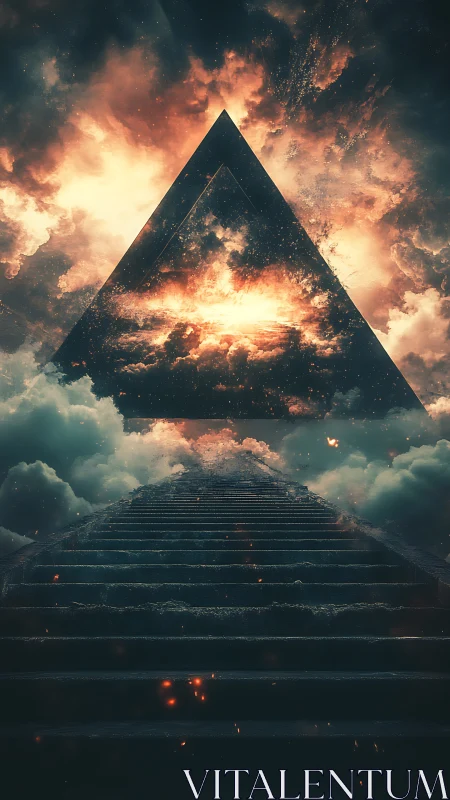 Stairway leads toward glowing triangular portal in clouds