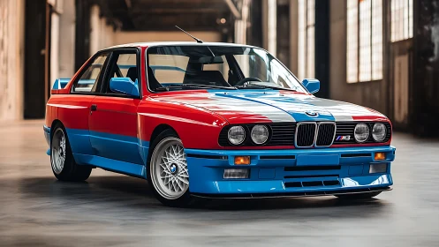 Retro BMW M3 warrior in racing tricolor armor stands ready.