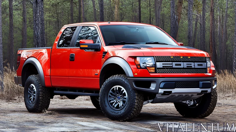 Bold red pickup truck stands ready for adventure in the woods
