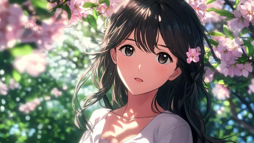 Anime girl under cherry blossoms in soft spring light.