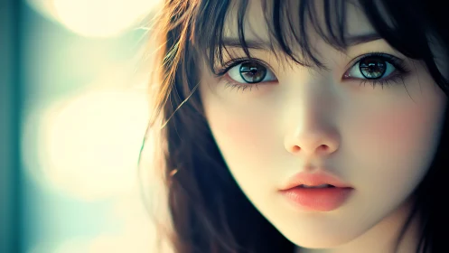 Digital portrait of young woman with large reflective eyes.