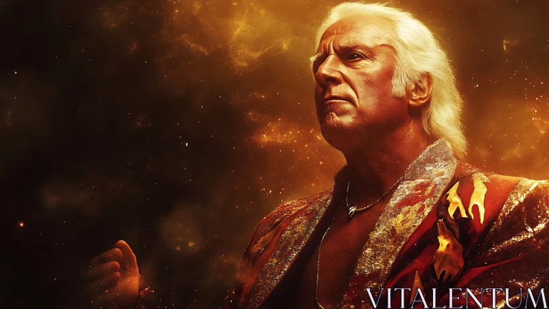 Elderly man in fiery robe amid glowing cosmic haze.