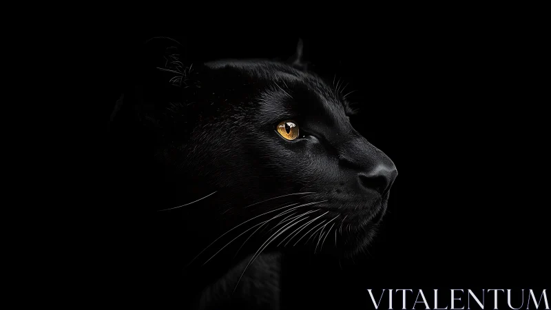 Black felid head profile exhibits high-contrast chiaroscuro with luminous amber iris against dark ba
