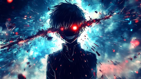 Explosive neon-eyed anime figure dissolves into radiant debris