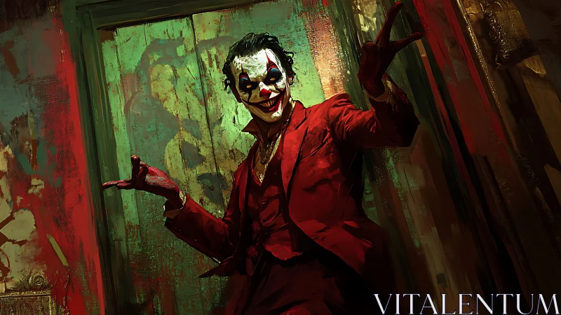 Clown in crimson suit amid chaotic green corridor scene.