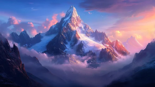 Snow-covered mountain range stands above low cloud layers