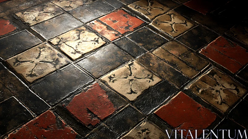 Weathered patterned tiles glowing in gentle golden light.