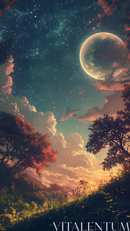 Twilit meadow tilts toward a colossal moonlit dream