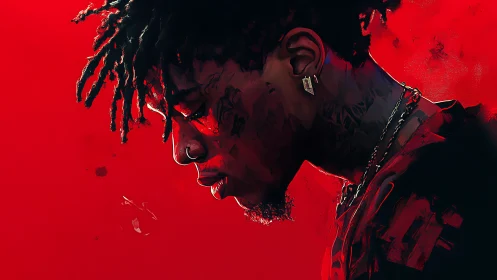 Pensive side-profile portrait against vivid red background