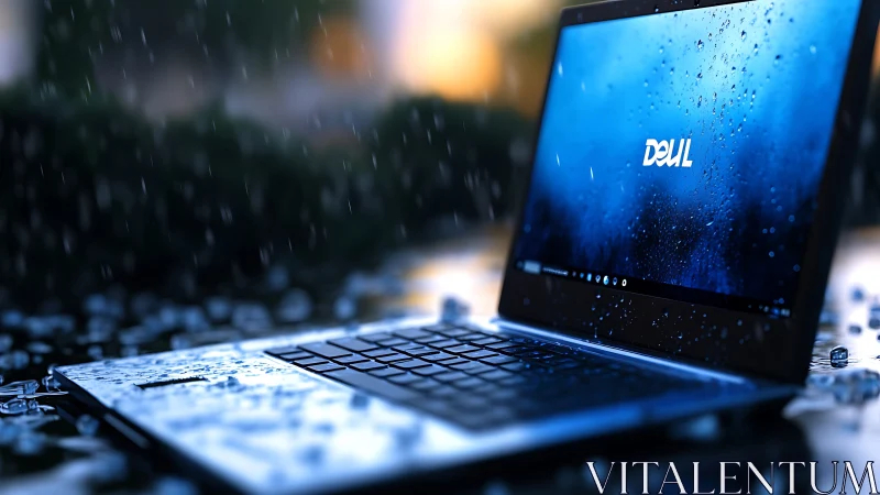Water resistant laptop outdoors in heavy rain exposure.