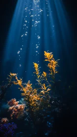 Submerged kelp and bubbles under focused blue light beams.