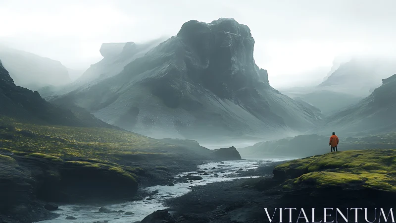 Solitary observer in glacial valley under stratified fog layers.