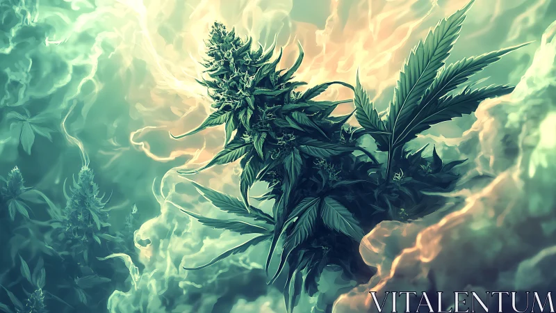 Luminous cannabis bloom drifting through dreamy swirling light.