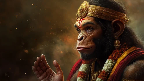 Hyperrealistic simian deity portrait with ornate golden regalia