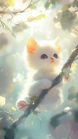 White Kitten Perched on Branch in Dappled Sunlight.