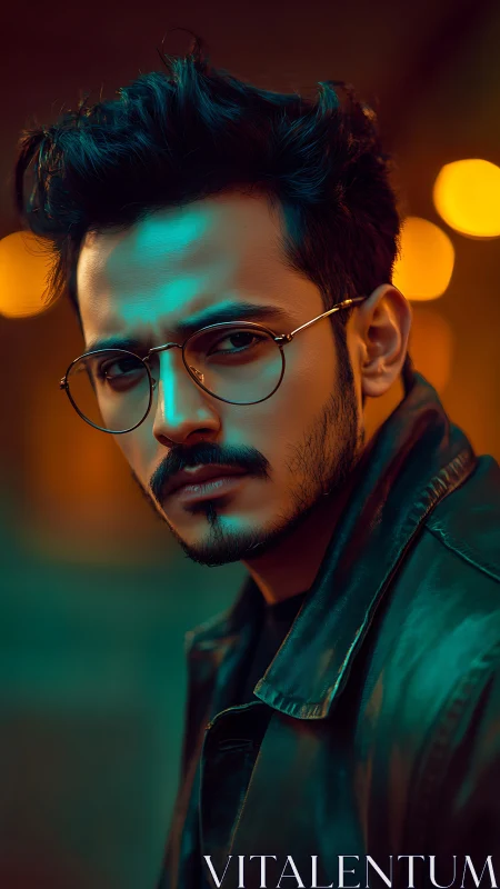 Man in glasses and leather jacket in moody teal light.