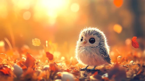 Adorable Fluffy Baby Bird in Soft Autumn Light, Digital Art.